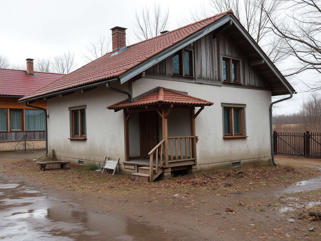 Деревенский дом с красной крышей и деревянным крыльцом, окруженный осенними деревьями и мокрой землей.