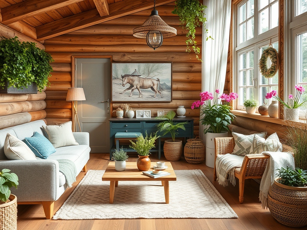 Уютная гостиная в деревянном доме с растениями, картинами и светлым интерьером, наполненная комфортом.