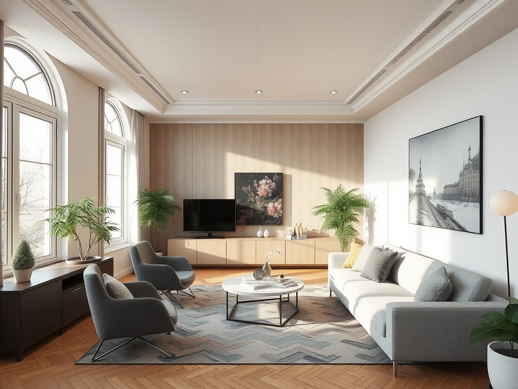 Современная гостиная с большими окнами, растениями, телевизором и уютной мебелью в нейтральных тонах.