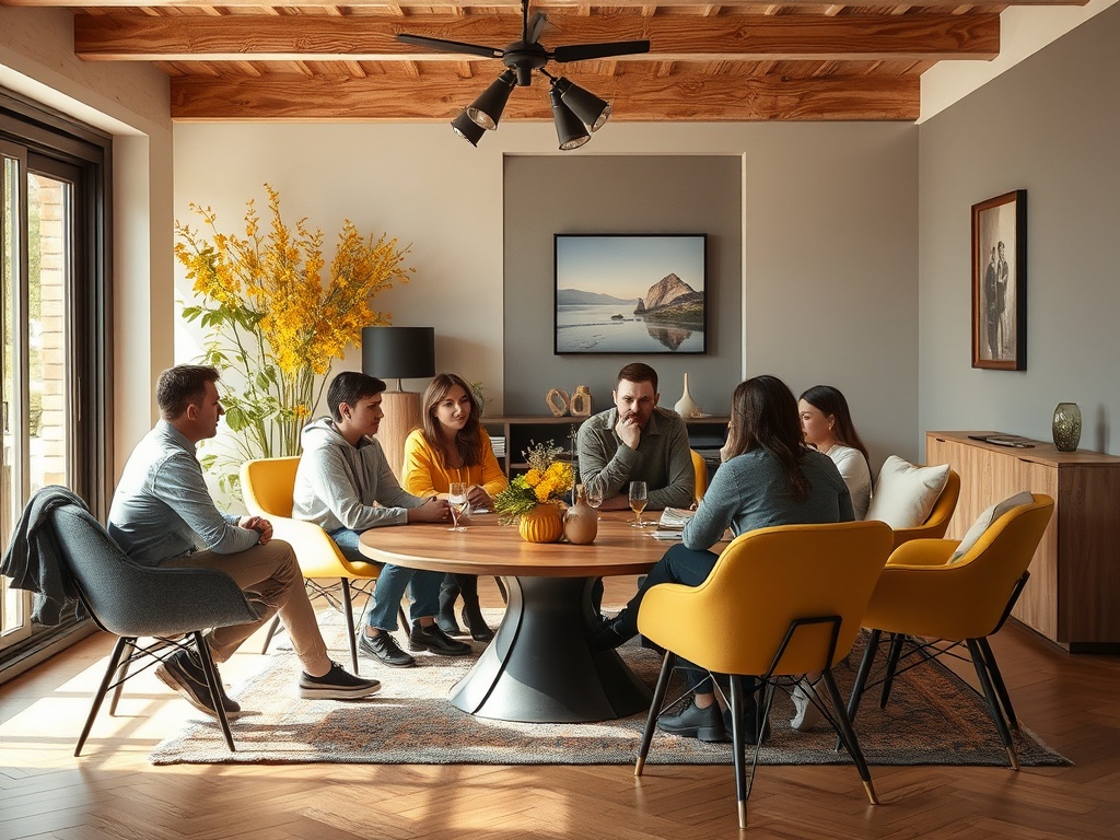 Шестеро людей сидят за столом в уютной комнате с растениями и стильным интерьером. Атмосфера дружеская.