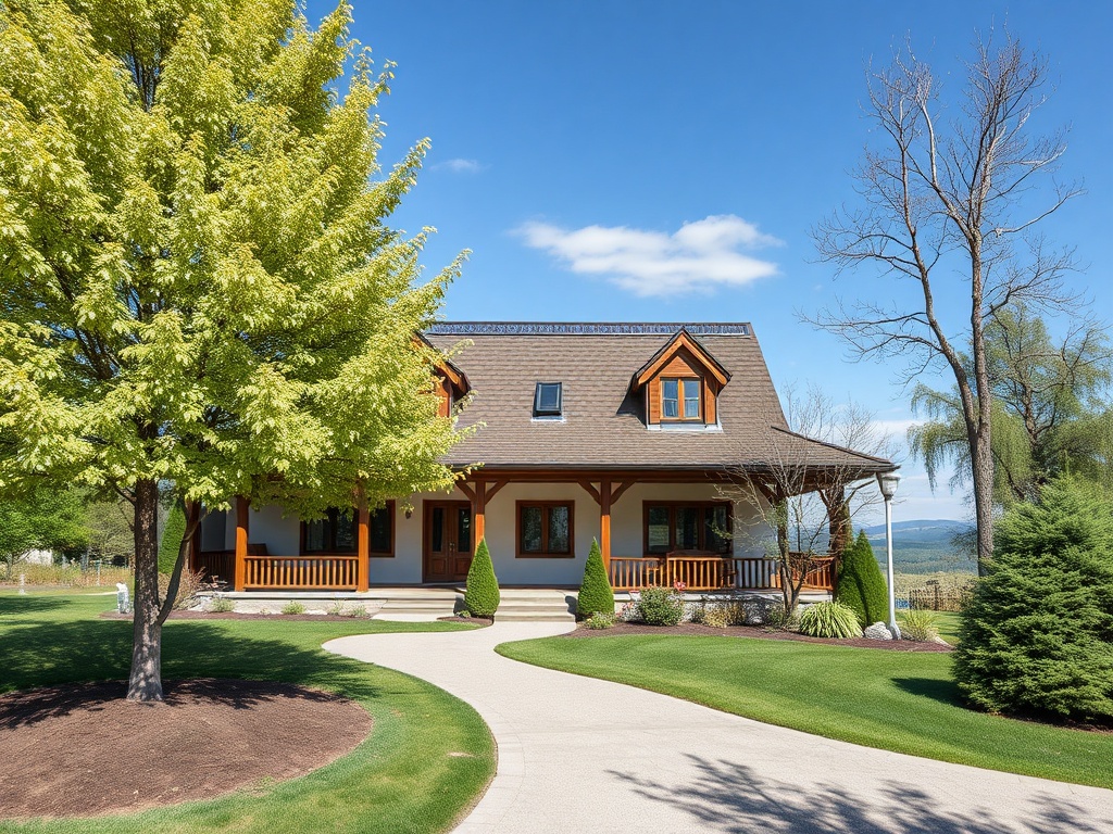 Современный дом с мансардой, обрамленный зелеными деревьями и ухоженным газоном, на фоне ясного неба.