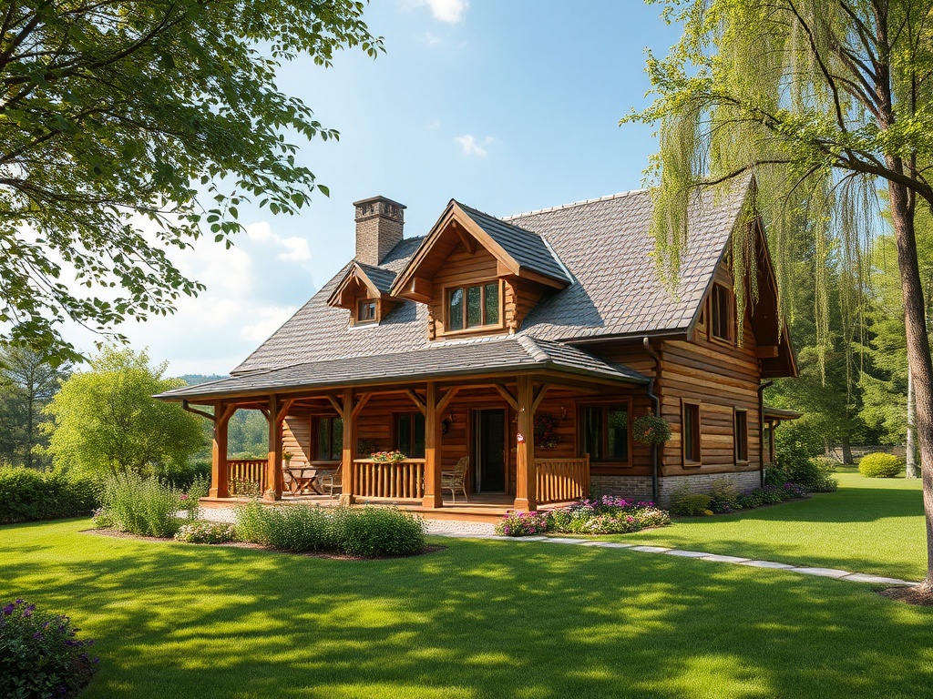 Деревянный дом с верантой, ухоженный газон и зелёные деревья вокруг, солнечный день.