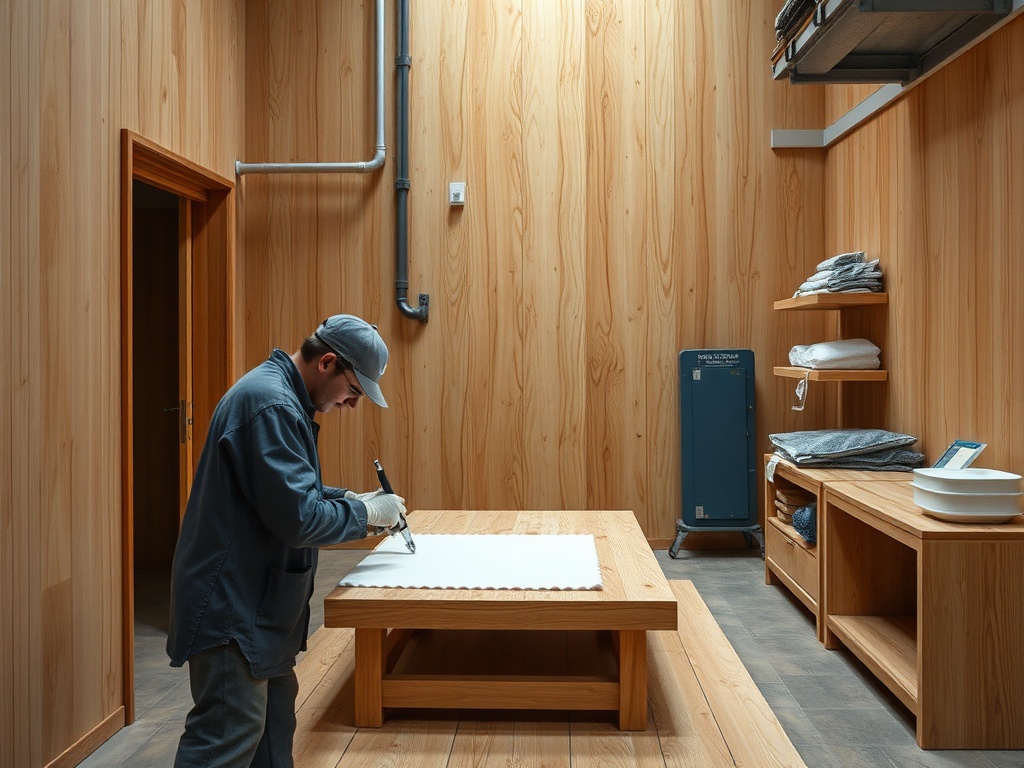 Мужчина в рабочей одежде рисует на бумаге на столе в деревянной комнате с минималистичным интерьером.