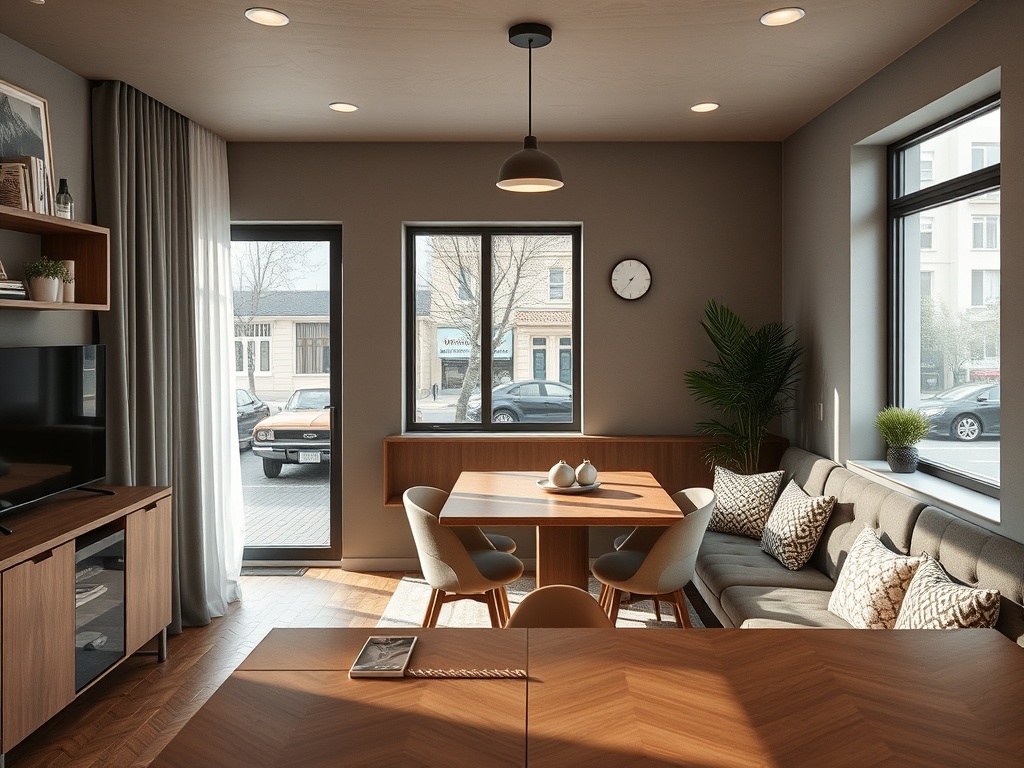 Современный светлый интерьер столовой с большим окном и уютной мебелью, деревянным столом и растениями.