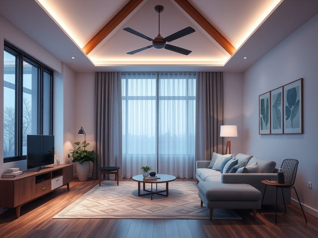 Сов Modern интерьер: светлая гостиная с уютным диваном, телевизором и зелеными растениями у окна.