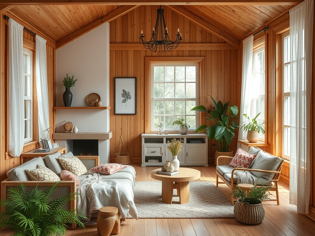 Уютная гостиная с деревянными стенами, растениями, диваном и современными элементами декора.