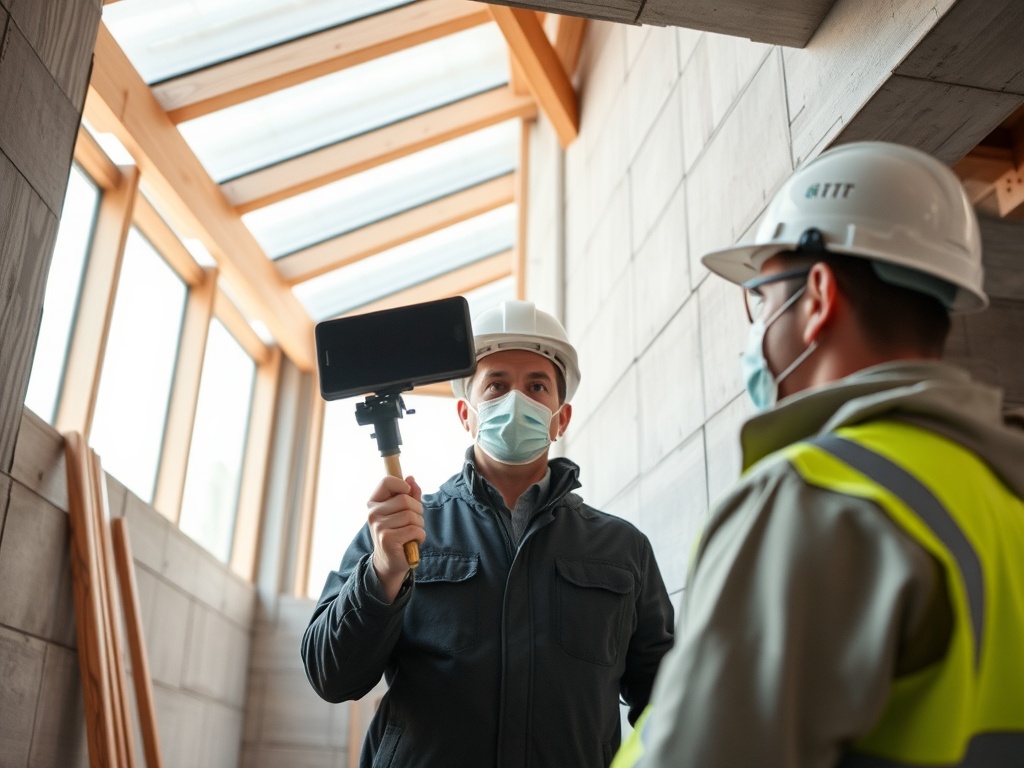 Два строителя в касках разговаривают на стройке, один из них снимает видео на телефон.