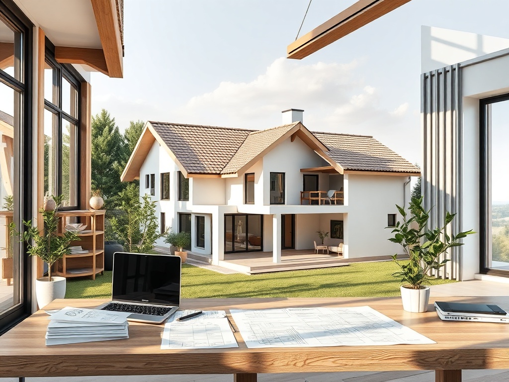 Современный дом с большими окнами и зелёным двором, вид из рабочего кабинета с чертежами и ноутбуком.