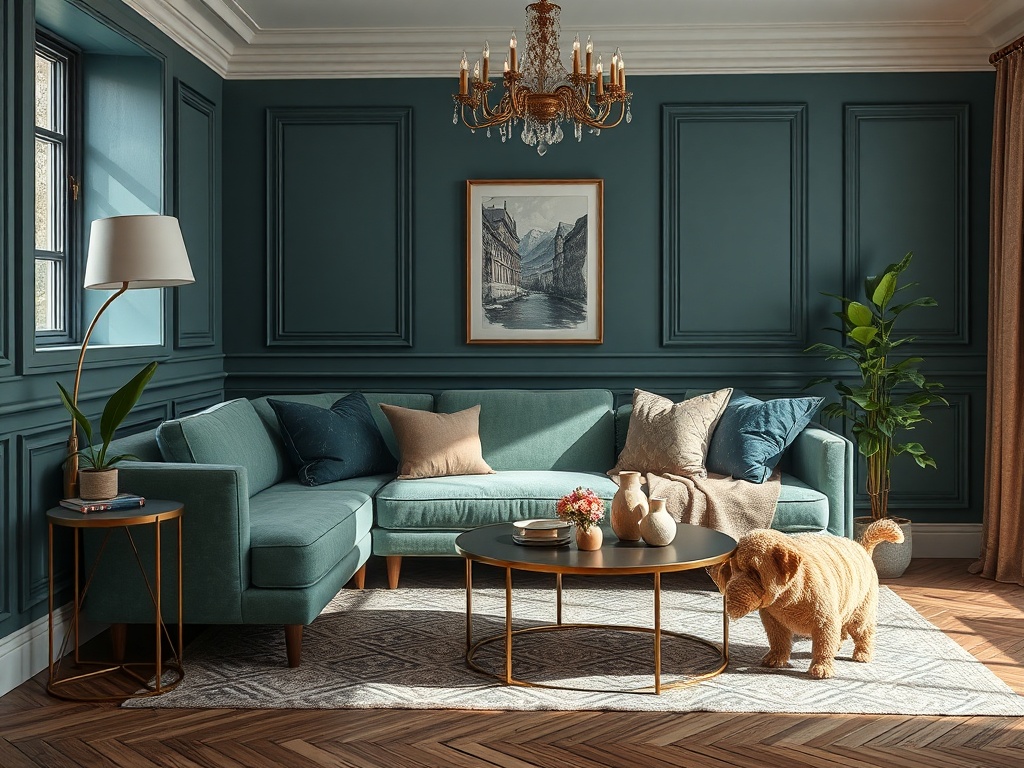 Современный интерьер с синими стенами, уютным диваном, кофейным столиком и милым собакой.