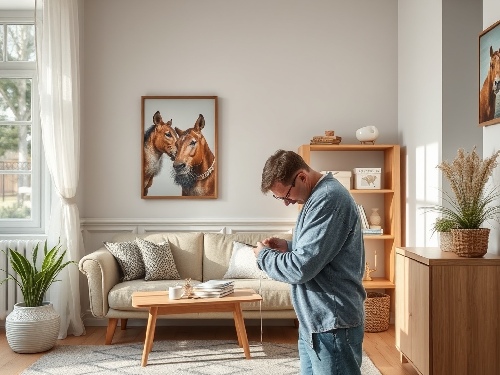 Мужчина в свитере смотрит на телефон в уютной комнате с картинами лошадей на стене.