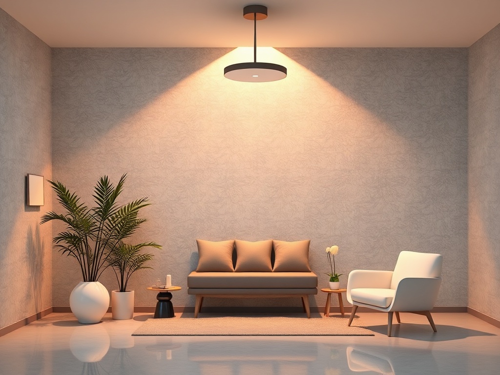 Светлая современная гостиная с диваном, растением и креслом, освещенная стильной люстрой.