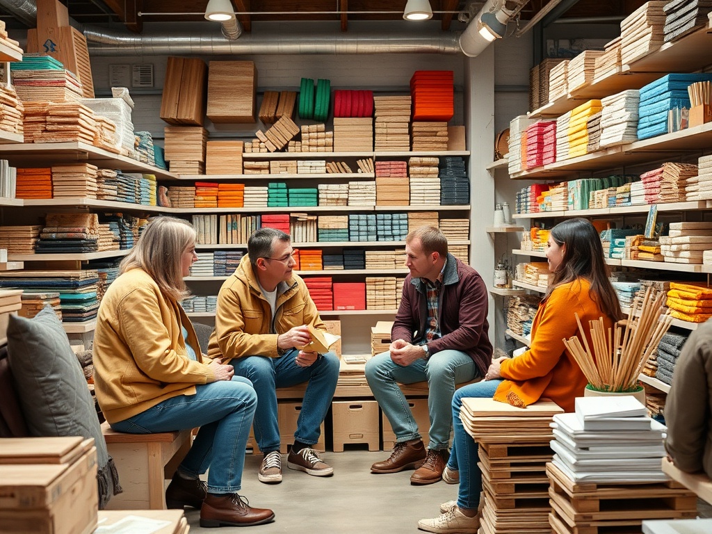 Группа людей обсуждает что-то в магазине, окружённые полками с деревом и канцелярскими товарами.