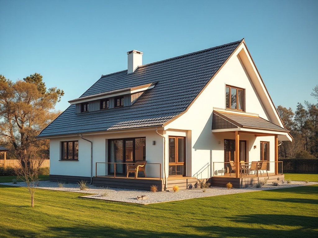 Современный дом с белыми стенами и деревянными акцентами, окружённый зелёным лужайкой и деревьями.