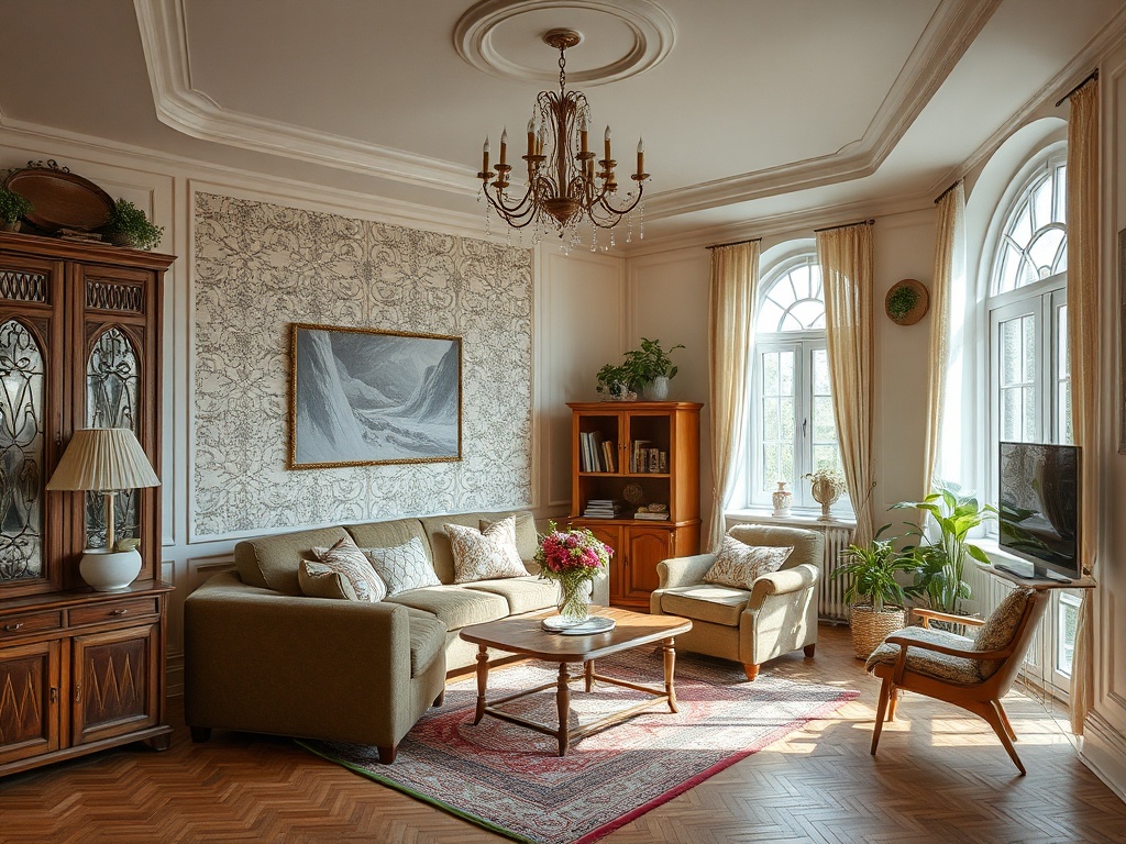 Светлая гостиная с уютной мебелью, большим окном и растениями, картиной на стене и стильной люстрой.