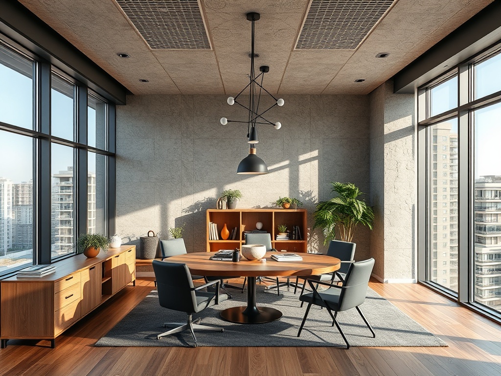 Уютный офис с большим столом и креслами, много света и современный дизайн. Зеленые растения добавляют комфорт.