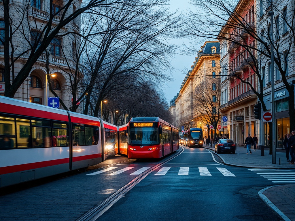На улице в вечернее время три общественных транспорта и прохожие вдоль зданий с ветвями деревьев.
