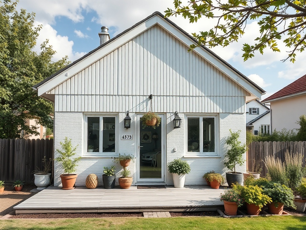 На изображении представлено современное белое загородное дома с красивыми растениями на террасе.