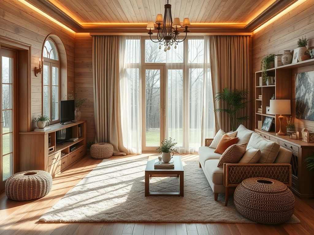 Светлая гостиная с деревянными стенами, уютным диваном и большими окнами, залитыми солнечным светом.