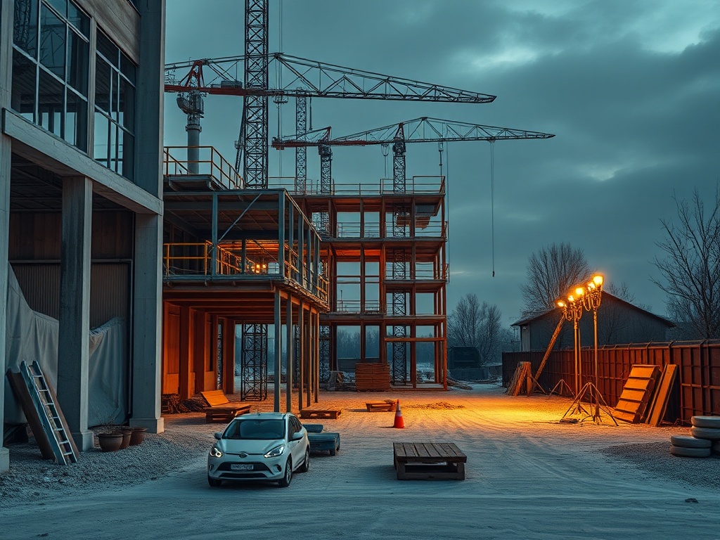 Строительная площадка с кранами и освещением, на переднем плане белый автомобиль. Небо облачное.