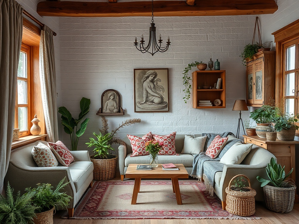 Уютная гостиная с деревянными элементами, зелеными растениями и мягкой мебелью, создающая атмосферу домашнего уюта.