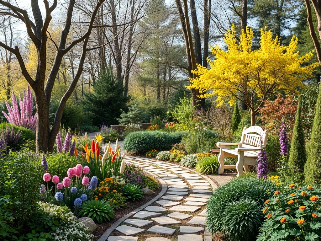 Сад с яркими цветами, извивающейся дорожкой и скамейкой под желтым деревом в солнечный день.