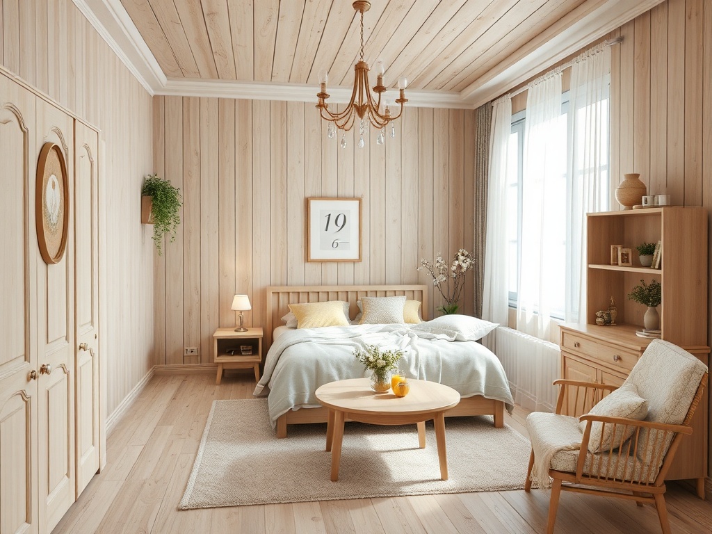 Светлая спальня с деревянными стенами, удобной кроватью и мебелью в скандинавском стиле.